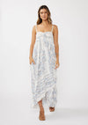 Hi-Lo Spaghetti Strap Patchwork Ruffle Maxi Dress: Creamy/Dusty Blue / M