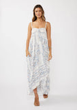 Hi-Lo Spaghetti Strap Patchwork Ruffle Maxi Dress: Creamy/Dusty Blue / M