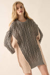 Colorblock Round-Neck Cable-Knit Oversize Sweater: Sand / S