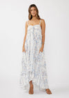 Hi-Lo Spaghetti Strap Patchwork Ruffle Maxi Dress: Creamy/Dusty Blue / M
