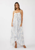 Hi-Lo Spaghetti Strap Patchwork Ruffle Maxi Dress: Creamy/Dusty Blue / M