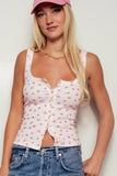 Ribbed Cotton Button-Front Picot Trim Tank: PINK FL / S-2/M-2/L-2