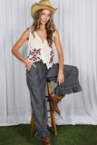 Flared Ruffle Hem Washed Chambray Crop Denim Pants VP83186: Washed Denim / M