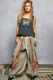 Double Gauze Floral Shirring Square Neck Sleeveless Top: TAN TOFFEE / M