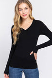 Basic Solid Long Sleeve V Neck Top: BLACK / 2-2-2 (S-M-L)