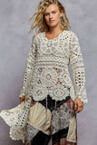 Long sleeve round neck chenille varied crochet sweater top: CREAM / ML