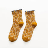 Vintage Embossed Floral Ruffle Cuff Mid Calf Socks: Yellow / M