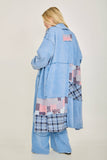 Mineral Washed Boho Plaid Patched Long Fall Jacket HT6861: Charcoal / S-M-L / 2-2-2