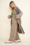 Mineral Washed Boho Plaid Patched Long Fall Jacket HT6861: Charcoal / S-M-L / 2-2-2