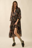 Floral-Print Tiered Ruffle Long-Sleeve Midi Dress: RETRO BLUE / S