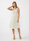Round Neck Button-Down Corset Midi Dress: Ivory/Grey / S