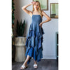 MINERAL WASHED TIERED RUFFLE HEM CAMI MAXI DRESS: DOLPHIN / S-M-L-XL(2-2-2-2)