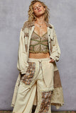 Double gauze contrast various pattern knee length jacket: OLIVE / M