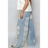 Drawstring floral patch denim pants: DENIM / M