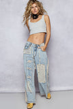 Stud Detail Woven Denim Pants: TEAL PLAID / S
