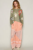 V-neck colorful flower print light weight sweater SALE: OLIVE / S