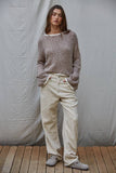 W1919 | Knit Sweater Pullover Top With Contrast Hems Detail: Ivory Grey / L