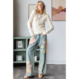 WASHED FLOWER PATCHWORK STRAIGHT DENIM JEANS: DENIM PINK / S-M-L-XL(2-2-2-2)