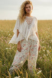 Lace Trim V Ruffle Detail Textured Woven Short Sleeve Top: ALMOND / L