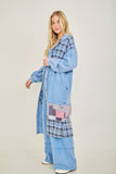 Mineral Washed Boho Plaid Patched Long Fall Jacket HT6861: Chocolate / S-M-L / 2-2-2