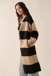 Striped Knit Open-Front Duster Pocket Cardigan: Black-Taupe / L