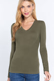 Basic Solid Long Sleeve V Neck Top: DEEP JUNGLE / 2-2-2 (S-M-L)