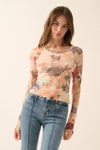 Floral-Print Mesh Long-Sleeve Thumbhole Top: Natural / L
