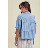 TIERED DENIM BUTTON-UP SHIRT / WL24-9656: DENIM / L