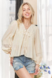 CET3887 - SOLID LONG SLEEVES TOP WITH EYELET: Beige / S-M-L(2-2-2)