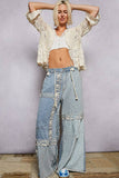 Lace-overlay waistband detail contrast denim woven pants: DENIM MULTI / M