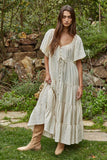 L8456 | Woven Button Down Sweetheart Tiered Flare Maxi Dress: Natural / S