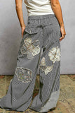Floral Embroidered Patches Butterfly Patchwork Woven Pants: BLACK STRIPED MULTI / M