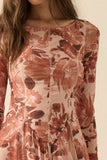 Floral Mesh Fit-and-Flare Boat-Neck Midi Dress: BROWN / M