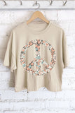 QUILTED PEACE FLOWER GRAPHIC LONG CROP TOP: KHAKI