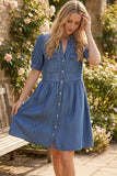 Short Sleeve 100%Tencel Chambray Denim Casual Dress VD83372: Denim Blue / L