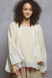 3/4 sleeve double gauze eyelet patch trim woven solid top: NATURAL / S