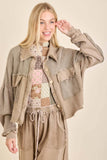 Mineral Wash Button Cropped Shacket HT5560: Vintage Olive / S-M-L / 2-2-2