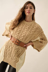 Colorblock Round-Neck Cable-Knit Oversize Sweater: Sand / S