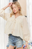 CET3887 - SOLID LONG SLEEVES TOP WITH EYELET: Beige / S-M-L(2-2-2)