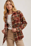 BUTTON DOWN PLAID SHACKET: BROWN COMBO / S