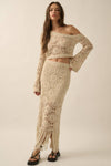 Crochet-Knit Lace Fringe Maxi Skirt: NATURAL / S