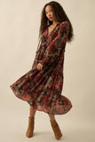 Floral-Print Tiered Ruffle Long-Sleeve Midi Dress: RETRO BLUE / M