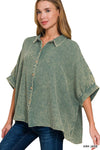 Washed Double Gauze Button Down Half Sleeve Shirt: DUSTY TEAL / 3-3 (S/M-L/XL)