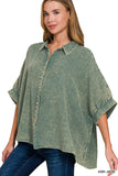 Washed Double Gauze Button Down Half Sleeve Shirt: DUSTY TEAL / 3-3 (S/M-L/XL)