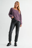 Raw Edge Waffle Knit Boatneck Pullover: DARK PLUM / S:M:L (2:2:2)