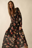 Floral-Print Mesh Smocked Long-Sleeve Maxi Dress: BLACK / L