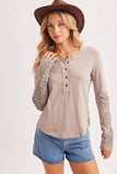 CROCHET PATCH SLEEVED HALF BUTTON ROUND NECK TOP: IVORY / L
