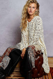Long sleeve round neck chenille varied crochet sweater top: OLIVE / SM