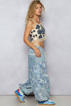 Floral print patchwork twill joger pants: DENIM / S
