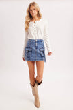 CROCHET PATCH SLEEVED HALF BUTTON ROUND NECK TOP: IVORY / L